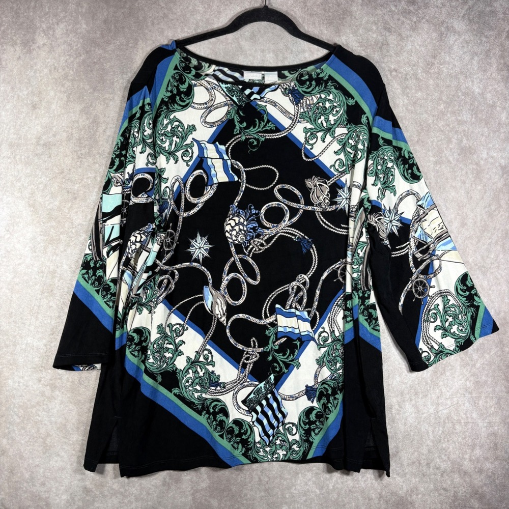 Chico's Travelers Tunic Top Womens 4 US 20/22 Black Blue Nautical Blouse Stretch